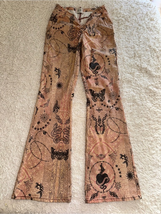 BDG Pants - BDG Peach-Pink Tattoo Print Flared Pants